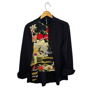 IC by Connie K Black Kimono Style Floral Brocade Button Art to Wear Japanese